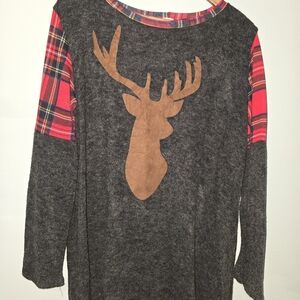 Plaid Sleeve Deer Print Gray Top